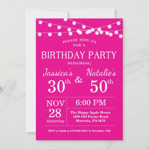 Adult Joint Birthday Party Invitation Hot Pink