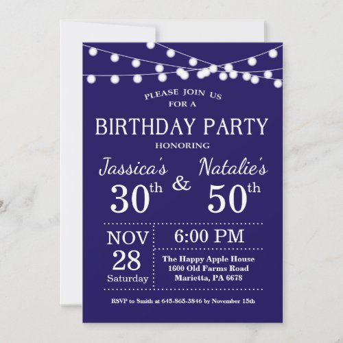 Adult Joint Birthday Party Invitation Navy Blue