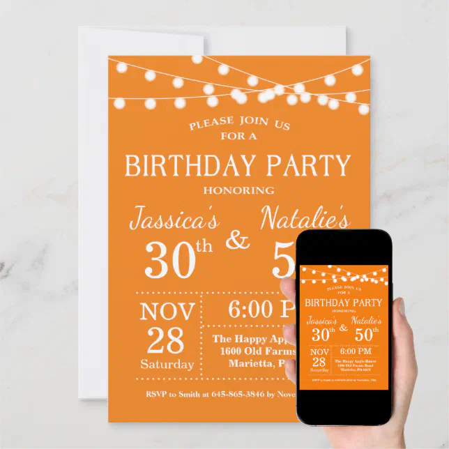 Adult Joint Birthday Party Invitation Orange | Zazzle