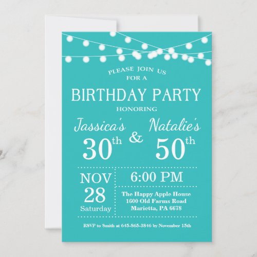 Adult Joint Birthday Party Invitation Teal