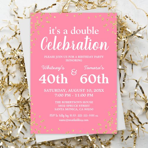 Adult Joint Birthday Party  Pink Gold Glitter Invitation