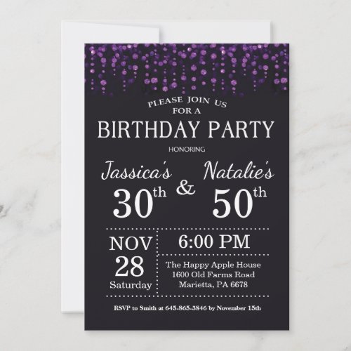 Adult Joint Birthday Party Purple Glitter Invitation