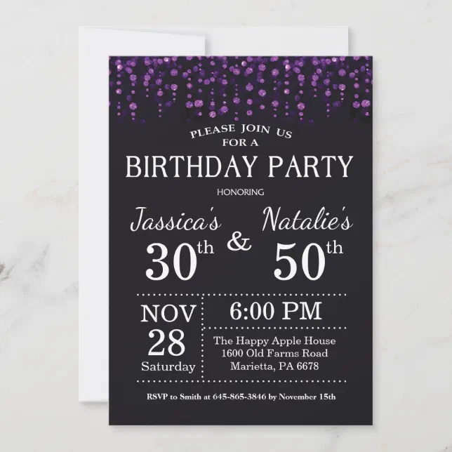 Adult Joint Birthday Party Purple Glitter Invitation | Zazzle