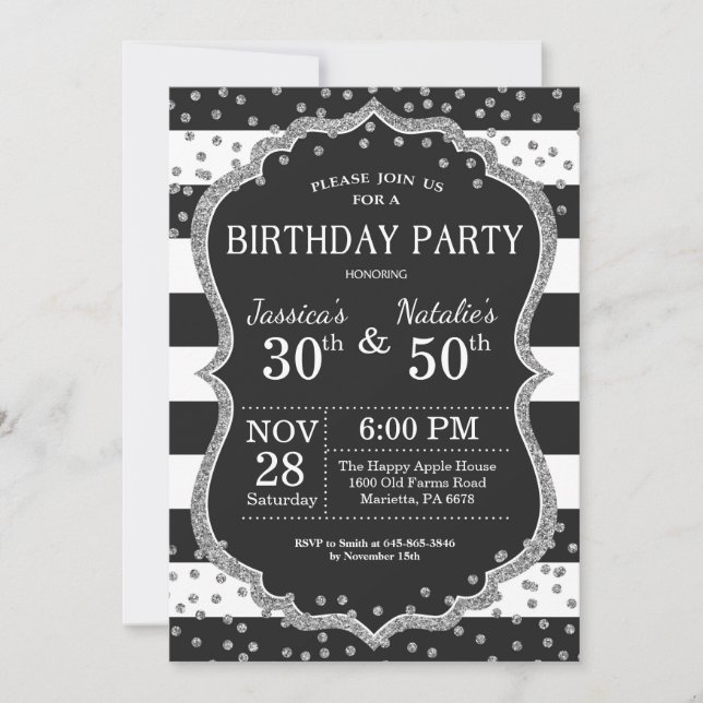 Adult Joint Birthday Party Silver Glitter Invitation (Front)