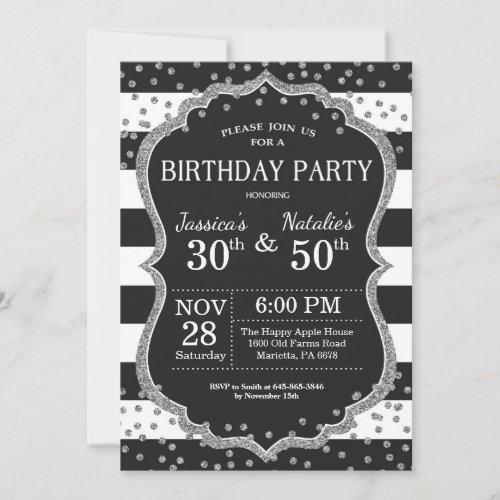 Adult Joint Birthday Party Silver Glitter Invitation