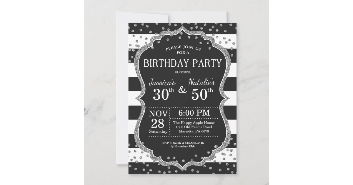 Adult Joint Birthday Party Silver Glitter Invitation | Zazzle