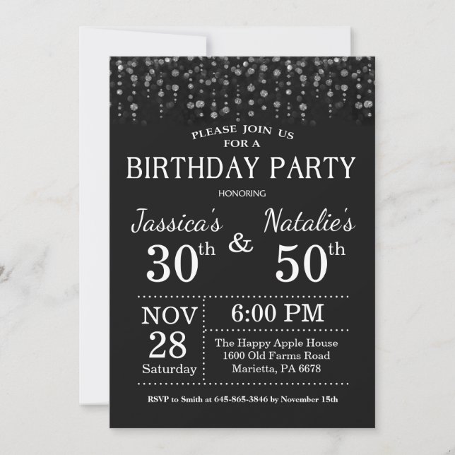 Adult Joint Birthday Party Silver Glitter Invitation (Front)