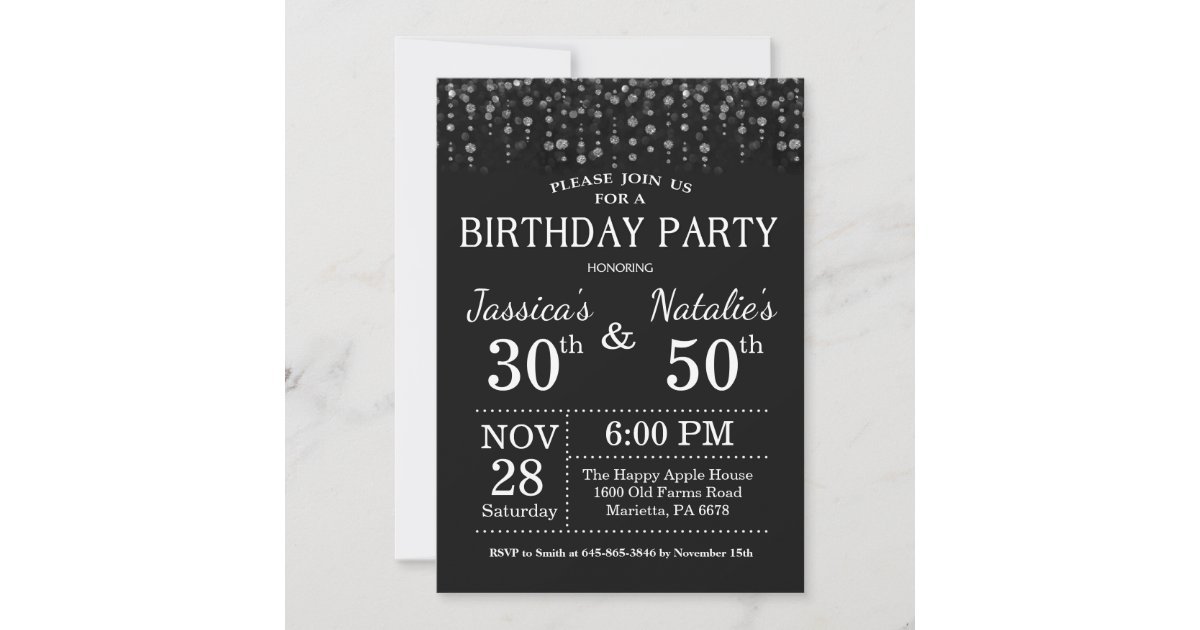 Adult Joint Birthday Party Silver Glitter Invitation | Zazzle