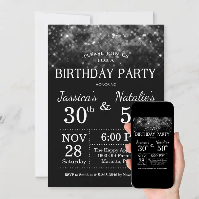 Adult Joint Birthday Party Silver Glitter Invitation | Zazzle