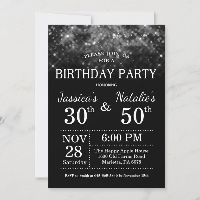 Adult Joint Birthday Party Silver Glitter Invitation (Front)