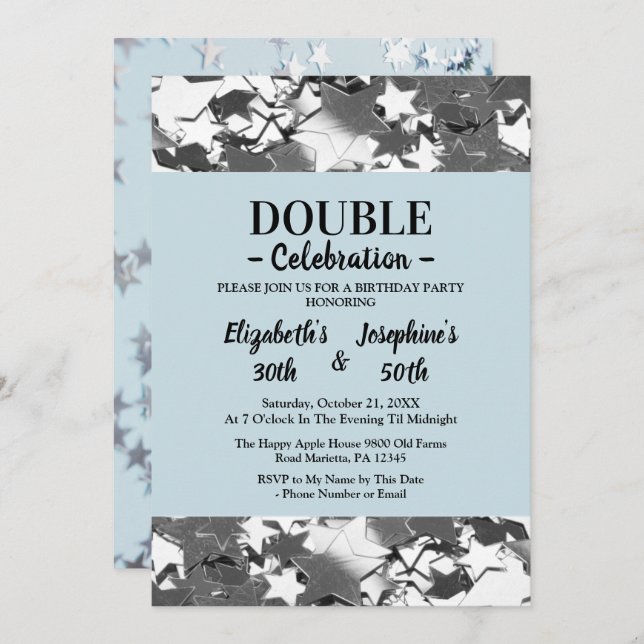 Adult Joint Double Birthday blue sky silver stars Invitation (Front/Back)