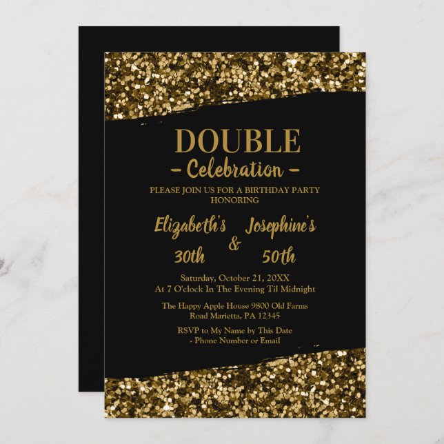 Adult Joint   Double Birthday Party | Black Gold  Invitation (Front/Back)