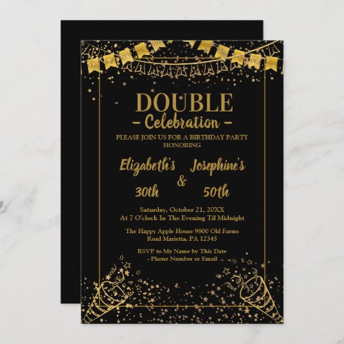 Adult Joint   Double Birthday Party  Black Gold  Invitation