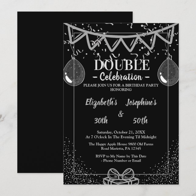 Adult Joint   Double Birthday Party | Black Silver Invitation (Front/Back)