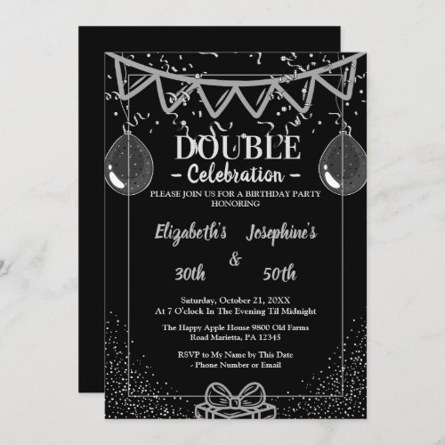 Adult Joint   Double Birthday Party  Black Silver Invitation