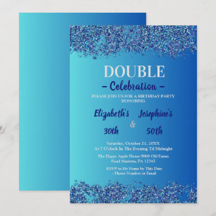 Adult Joint Double Birthday Party   Blue glitter Invitation