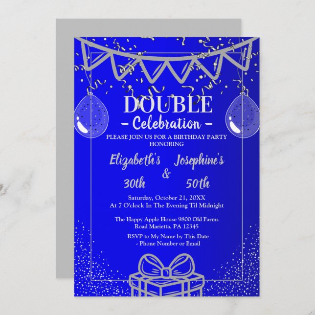 Adult Joint   Double Birthday Party | Blue Silver Invitation (Front/Back)