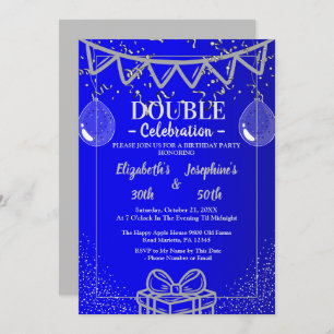 Adult Joint Double Birthday Party Blue Silver Invitation