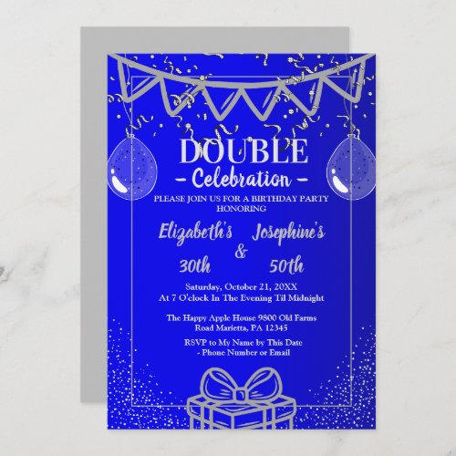 Adult Joint   Double Birthday Party  Blue Silver Invitation