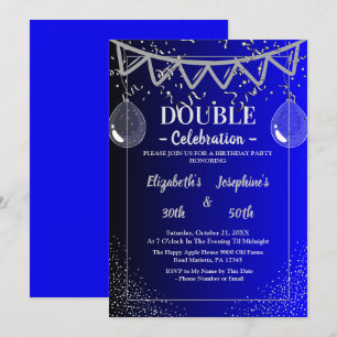 Adult Joint   Double Birthday Party   Blue  Silver Invitation