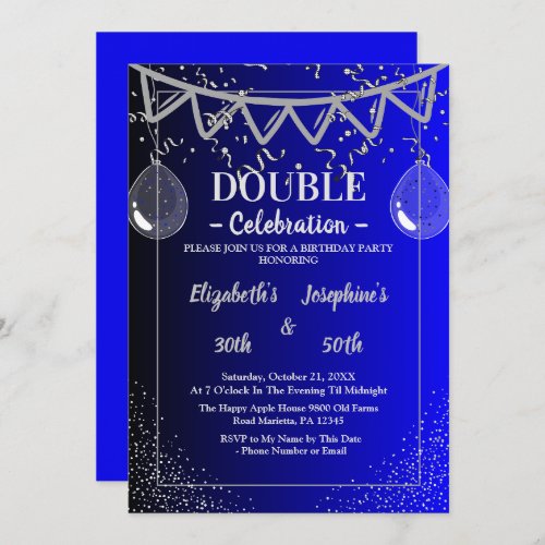 Adult Joint   Double Birthday Party  Blue  Silver Invitation