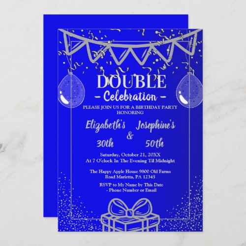 Adult Joint   Double Birthday Party  Blue Silver Invitation