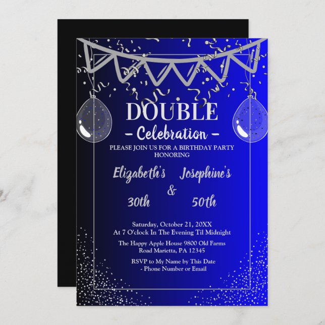 Adult Joint   Double Birthday Party | Blue  Silver Invitation (Front/Back)