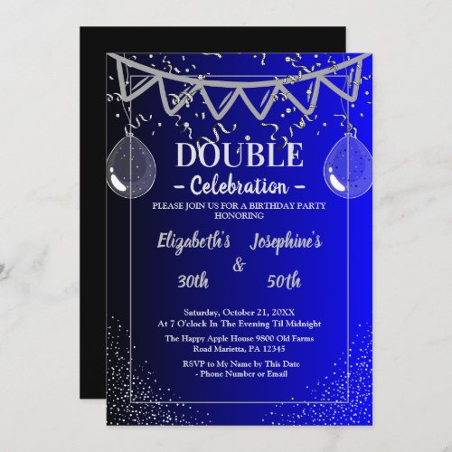 Adult Joint   Double Birthday Party  Blue  Silver Invitation