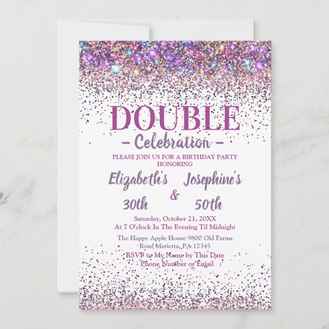 Adult Joint Double Birthday Party Colorful Glitter Invitation (Front)
