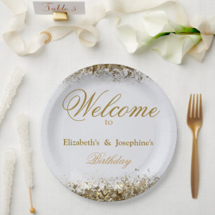 Adult Joint Double Birthday Party   White Gold Paper Plates