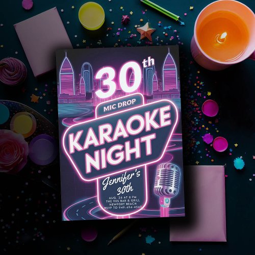 Adult Karaoke 90s Neon Pink Glow 30th Birthday Invitation