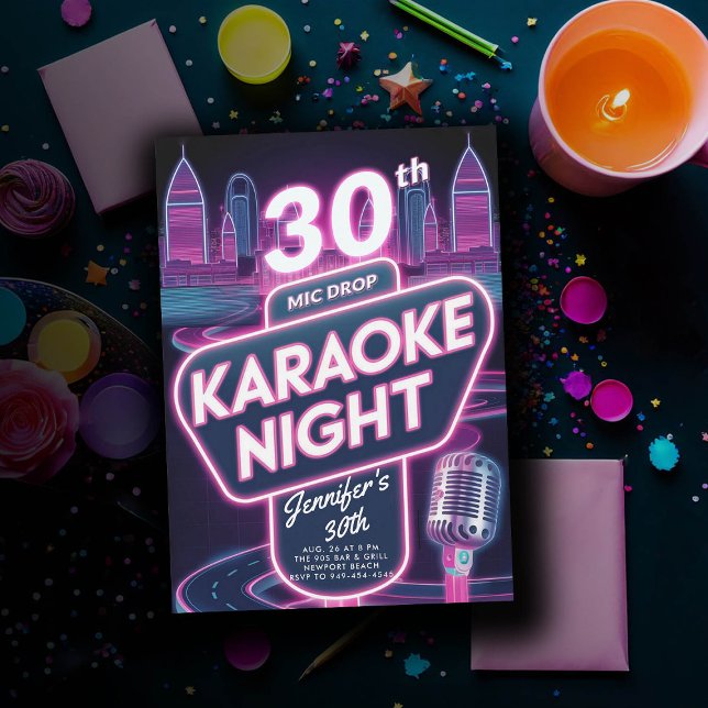 Adult Karaoke 90s Neon Pink Glow 30th Birthday Invitation (90s neon glow arcade pink birthday invitation for women millennial y2k)
