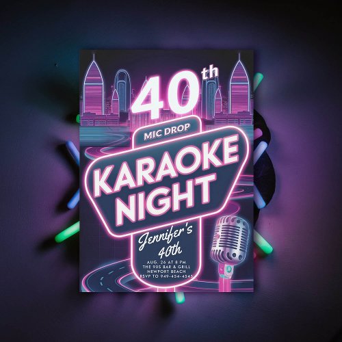 Adult Karaoke 90s Neon Pink Glow 40th Birthday Invitation