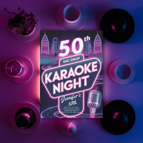 Adult Karaoke 90s Neon Pink Glow 50th Birthday Invitation