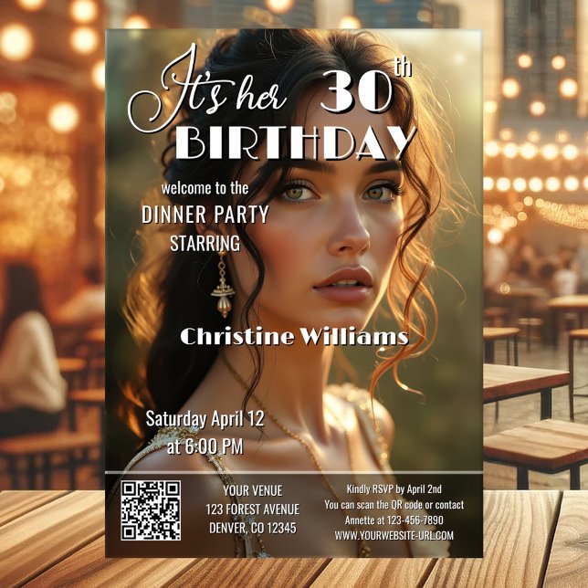 Adult Magazine Cover Stylish Birthday Invitation (Adult birthday party invitation in magazine cover style with custom photo and QR code template)