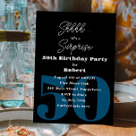 Adult Male Surprise Birthday Party Black Invitation<br><div class="desc">Create a surprise birthday party invitation for husband or boyfriend. Black paper. with dark blue numbers for his age as the background. Customize light gray printed text line by line as needed. At the top, "Shhhh... it's a surprise" with bold text for his age and name. All party info is...</div>