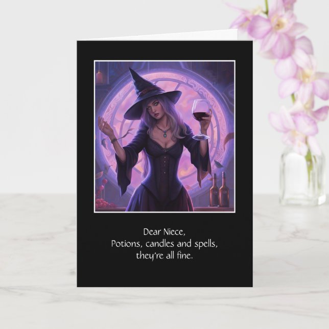 Adult Niece Happy Halloween Funny Witch Wine Card (Orchid)