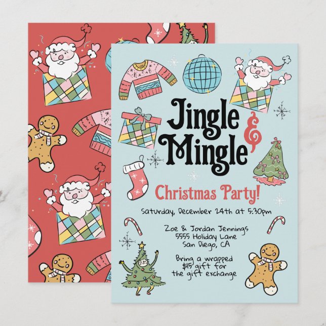 Adult or Kids Retro Doodle Christmas Party Invitation (Front/Back)