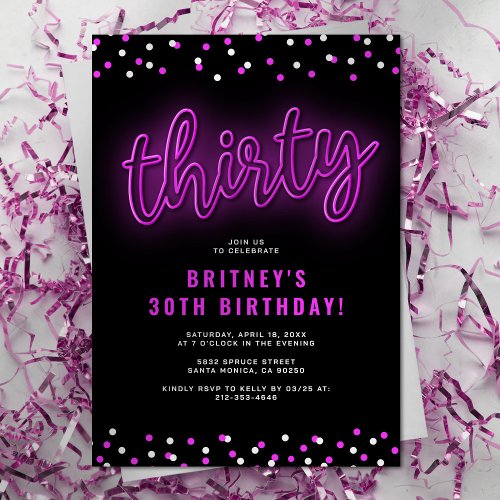 Adult Pink Neon 30th Birthday Party Invitation