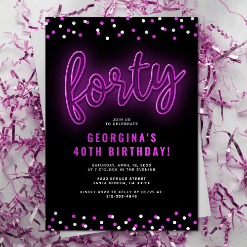 Adult Pink Neon 40th Birthday Party Invitation
