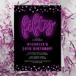 Adult Pink Neon 50th Birthday Party Invitation<br><div class="desc">Modern 50th party invitation template featuring a classic black background,  a scattering of confetti,  a pink neon sign that reads ‘fifty’,  and a simple celebration template that is easy to personalize.</div>