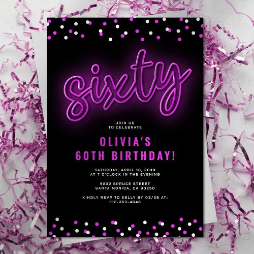 Adult Pink Neon 60th Birthday Party Invitation