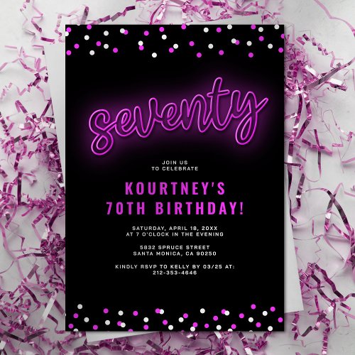 Adult Pink Neon 70th Birthday Party Invitation