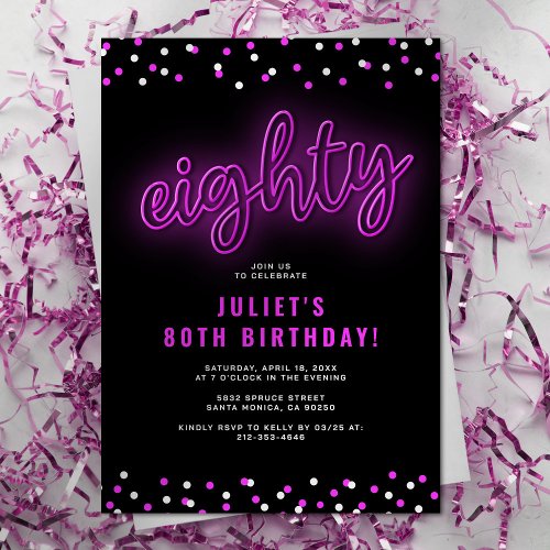 Adult Pink Neon 80th Birthday Party Invitation