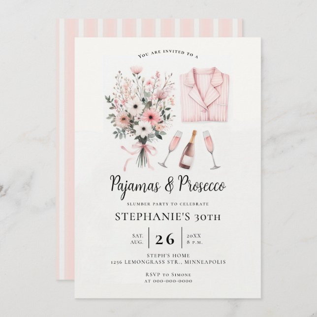 Adult PJ Sleepover Pajamas Prosecco 30th Birthday Invitation (Front/Back)