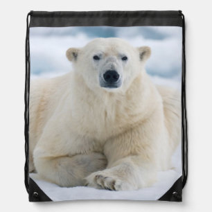 Adult polar bear on the summer pack ice drawstring bag