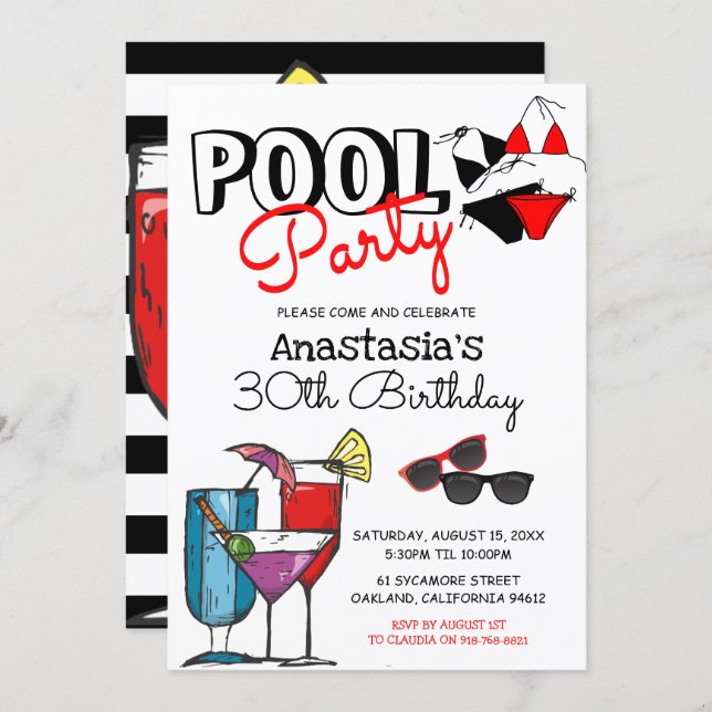 Adult Pool Party | Cocktail Summer Birthday Invitation (Front/Back)