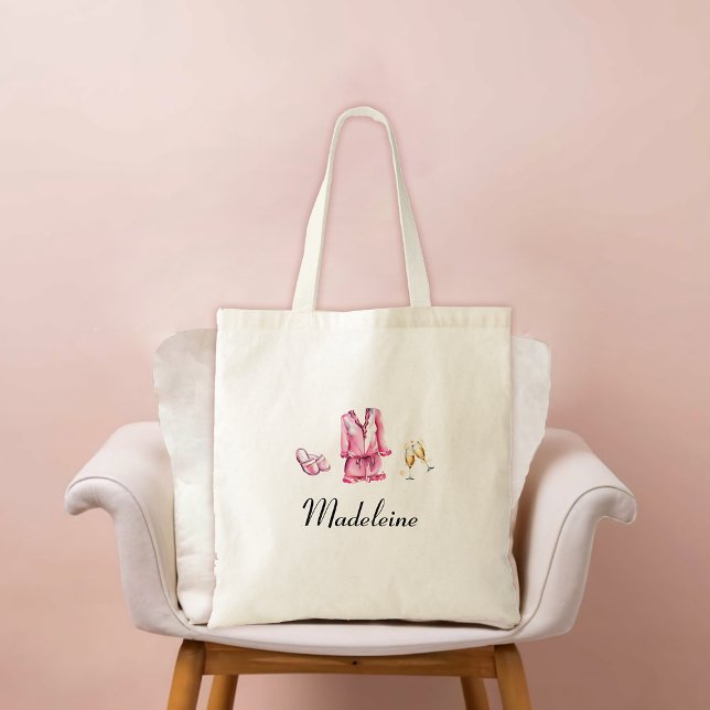 Adult Sleepover PJ Pajama Party Personalized Gift Tote Bag (bridesmaid gift bachelorette bridal birthday pj pajama slumber sleepover lingerie party watercolor)