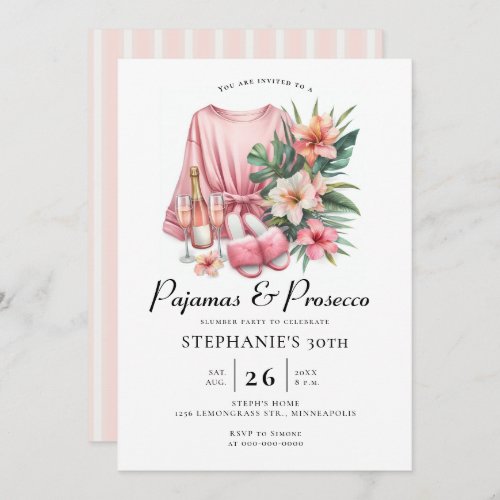 Adult Sleepover PJ Prosecco Tropical 30th Birthday Invitation