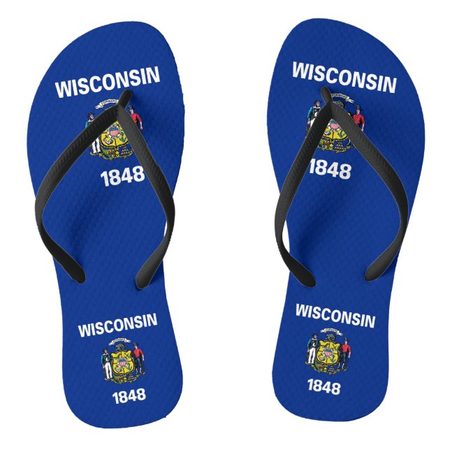 Adult Slim Straps with Flag of Wisconsin, USA Flip Flops (Footbed)